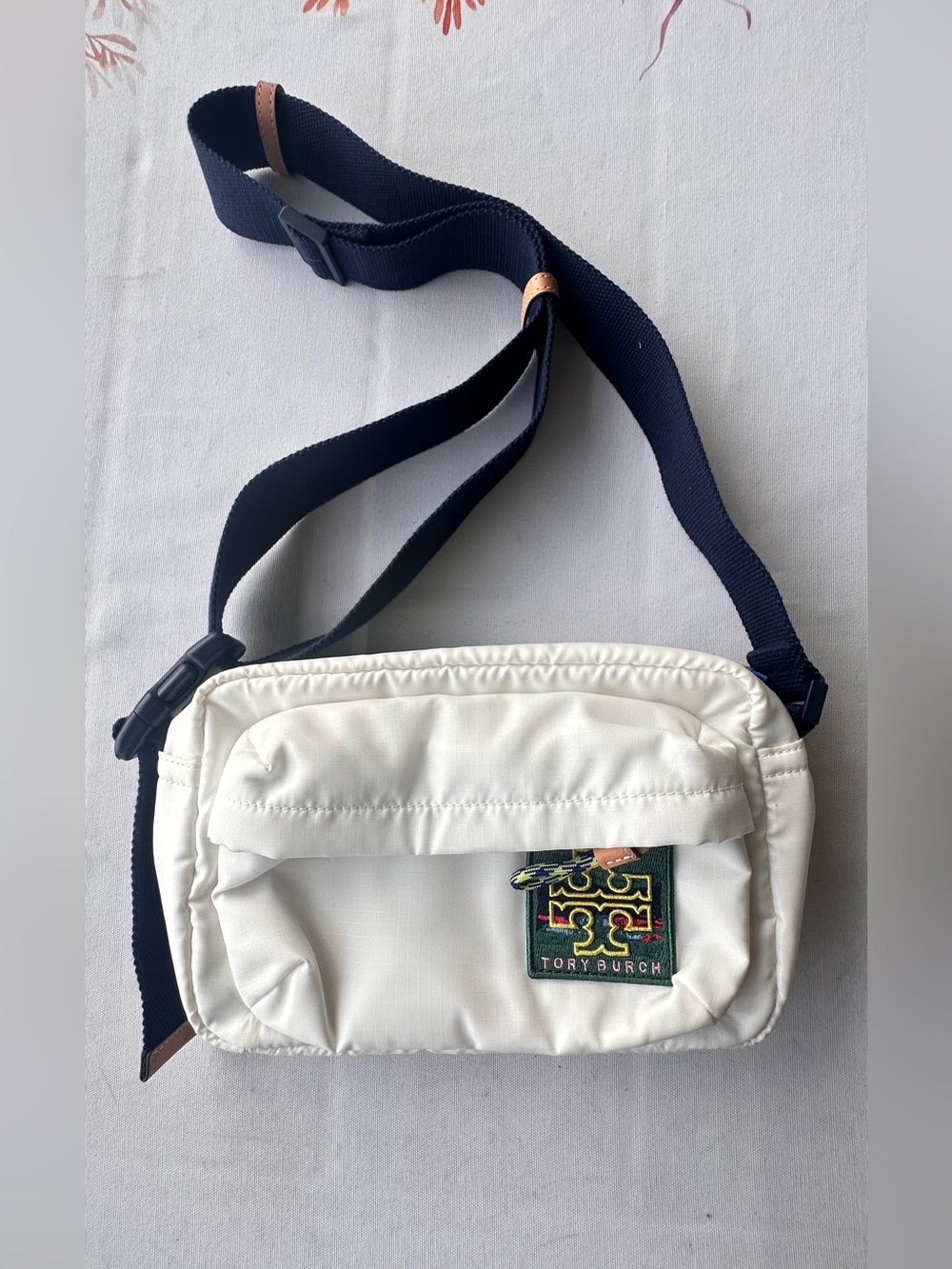 Tory Burch White Crossbody with Navy Adjustable Strap